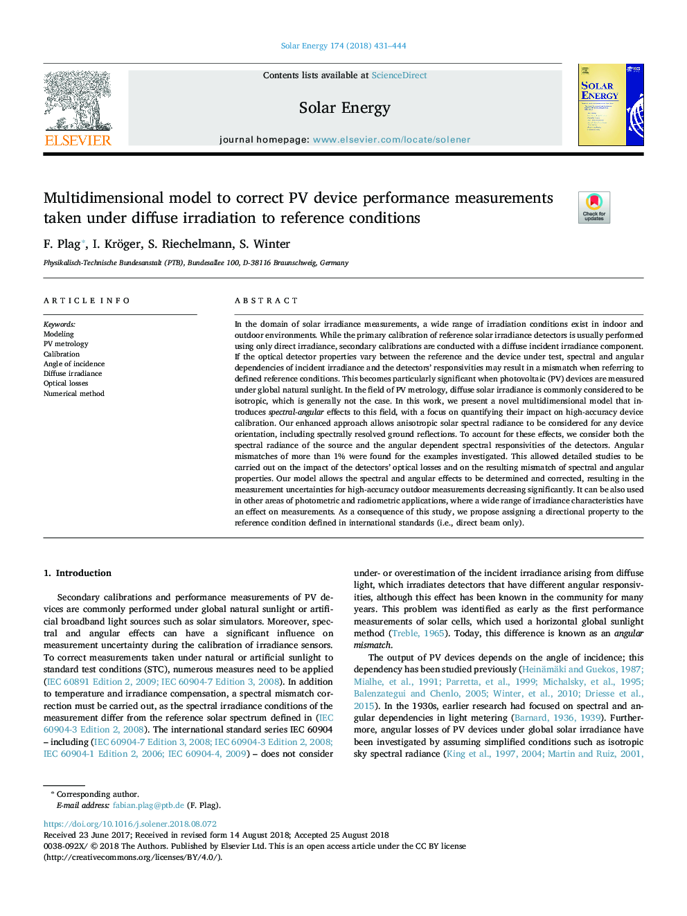 Multidimensional model to correct PV device performance measurements taken under diffuse irradiation to reference conditions