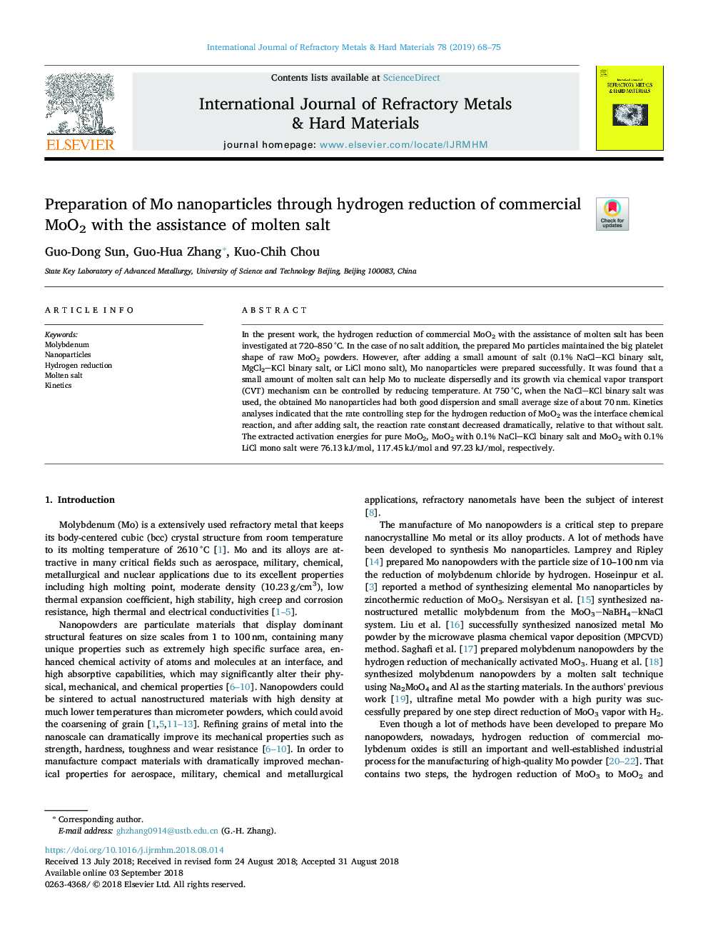 Preparation of Mo nanoparticles through hydrogen reduction of commercial MoO2 with the assistance of molten salt