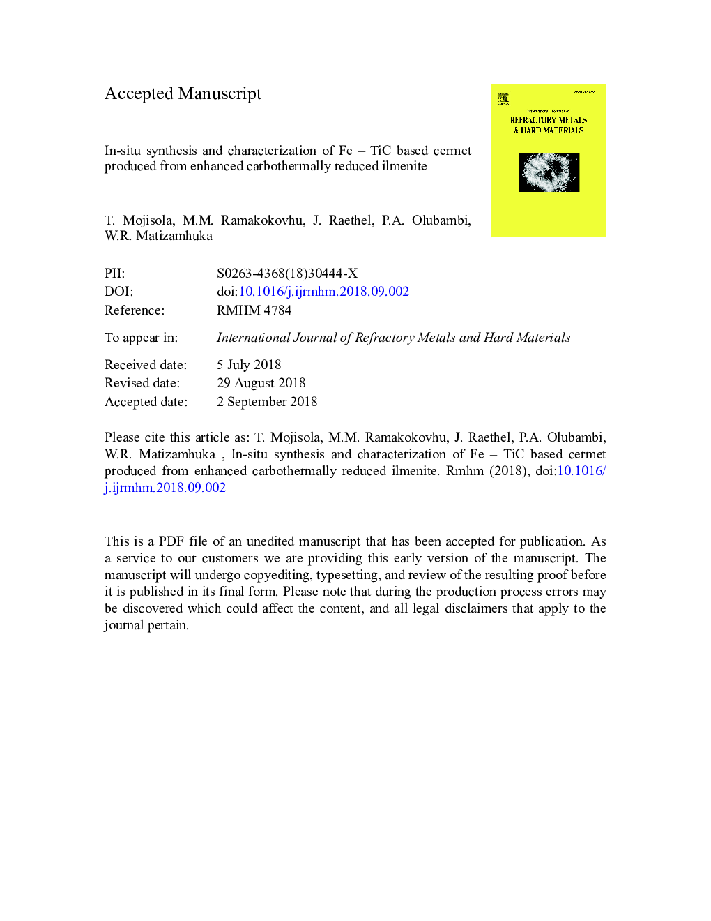 In-situ synthesis and characterization of Fe - TiC based cermet produced from enhanced carbothermally reduced ilmenite