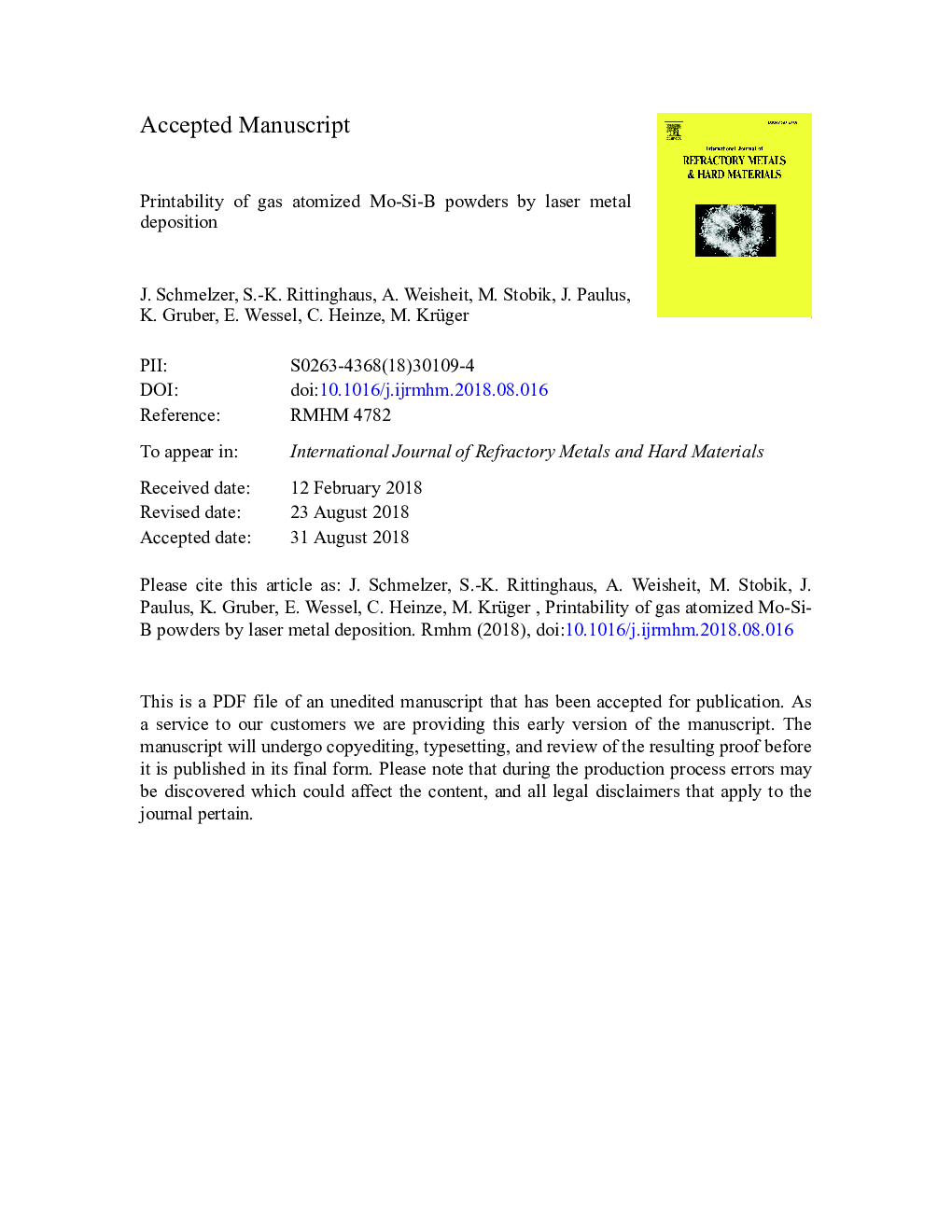 Printability of gas atomized Mo-Si-B powders by laser metal deposition