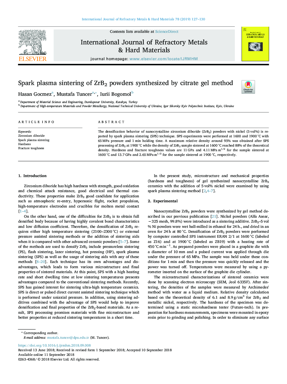 Spark plasma sintering of ZrB2 powders synthesized by citrate gel method