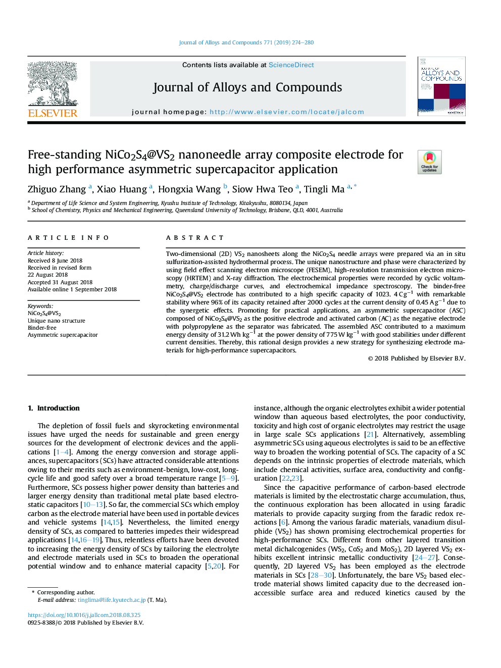 Free-standing NiCo2S4@VS2 nanoneedle array composite electrode for high performance asymmetric supercapacitor application