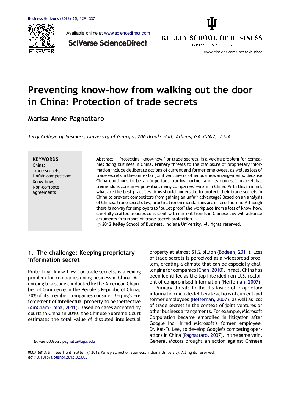 Preventing know-how from walking out the door in China: Protection of trade secrets