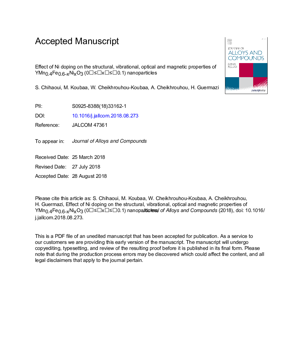 Effect of Ni doping on the structural, vibrational, optical and magnetic properties of YMn0.4Fe0.6-xNixO3 (0â¯â¤â¯xâ¯â¤â¯0.1) nanoparticles