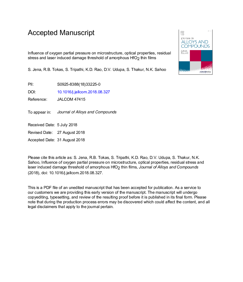 Influence of oxygen partial pressure on microstructure, optical properties, residual stress and laser induced damage threshold of amorphous HfO2 thin films