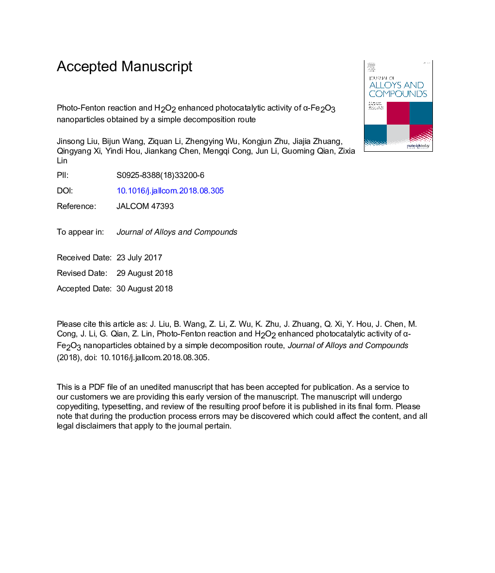 Photo-Fenton reaction and H2O2 enhanced photocatalytic activity of Î±-Fe2O3 nanoparticles obtained by a simple decomposition route