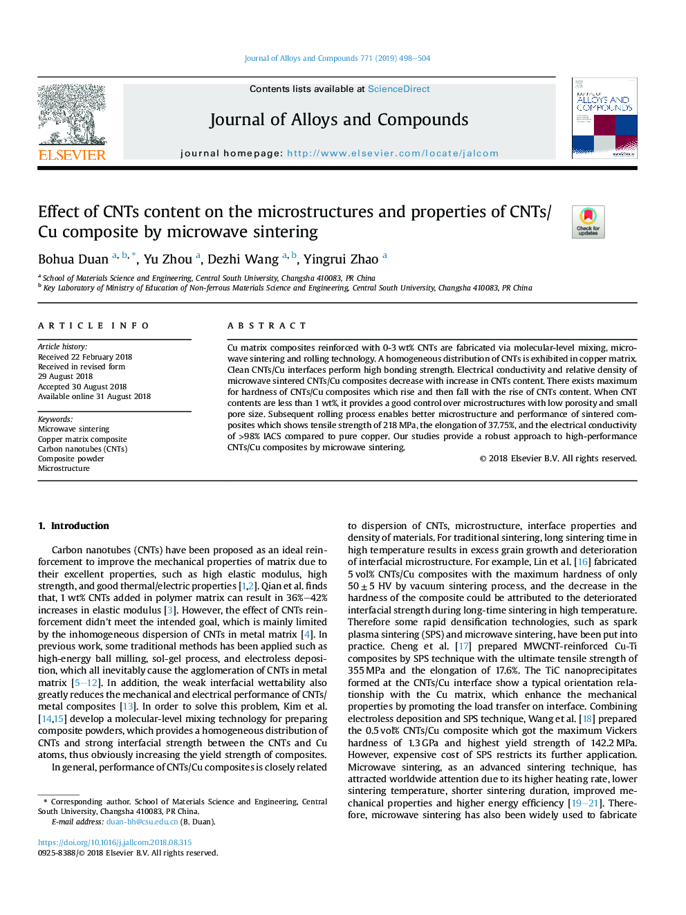 Effect of CNTs content on the microstructures and properties of CNTs/Cu composite by microwave sintering