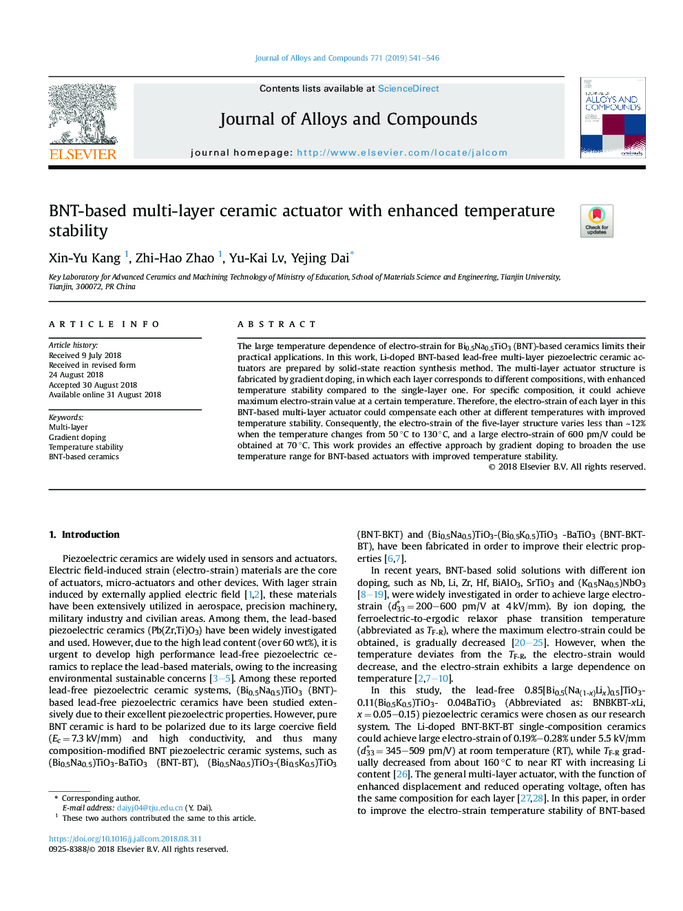 BNT-based multi-layer ceramic actuator with enhanced temperature stability