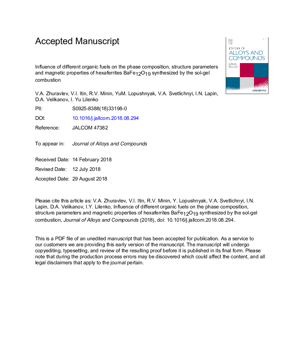 Influence of different organic fuels on the phase composition, structure parameters and magnetic properties of hexaferrites BaFe12O19 synthesized by the sol-gel combustion