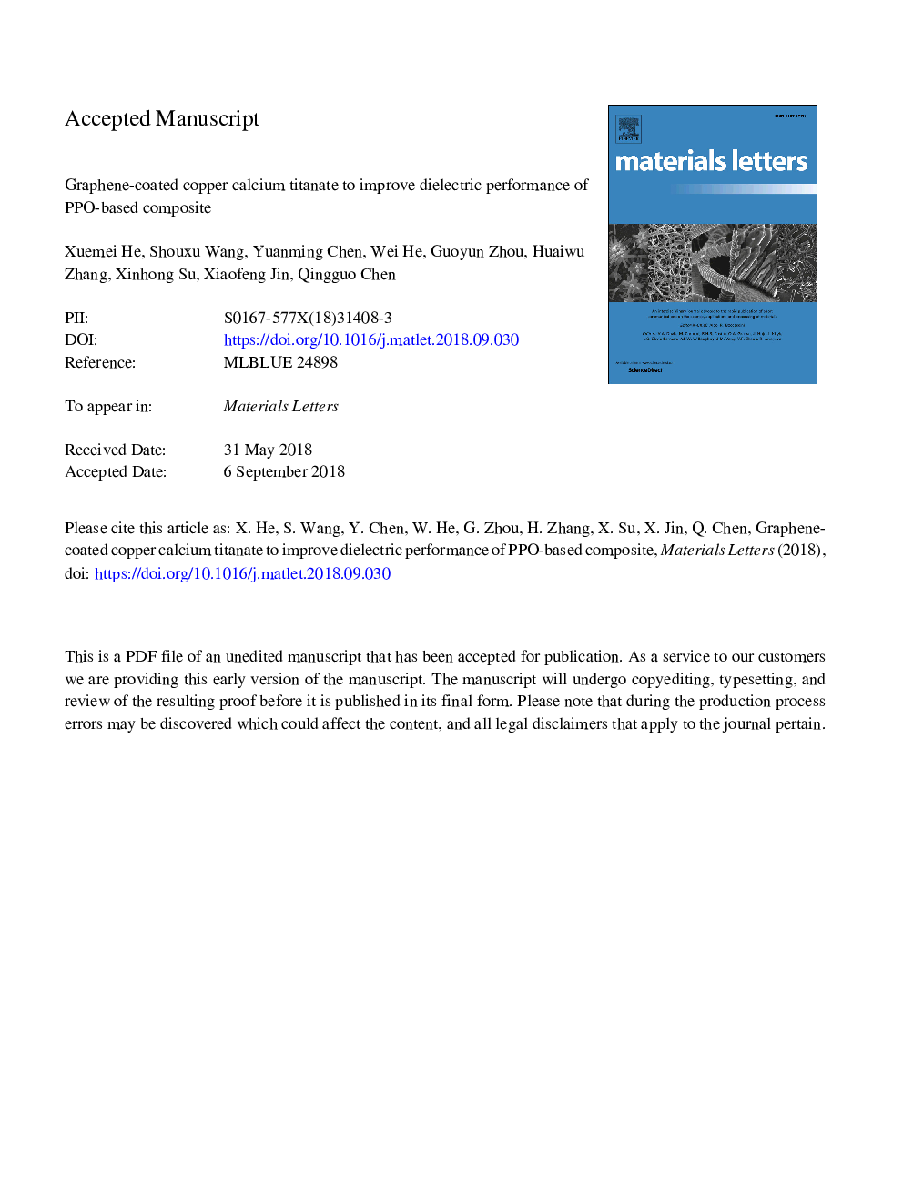 Graphene-coated copper calcium titanate to improve dielectric performance of PPO-based composite