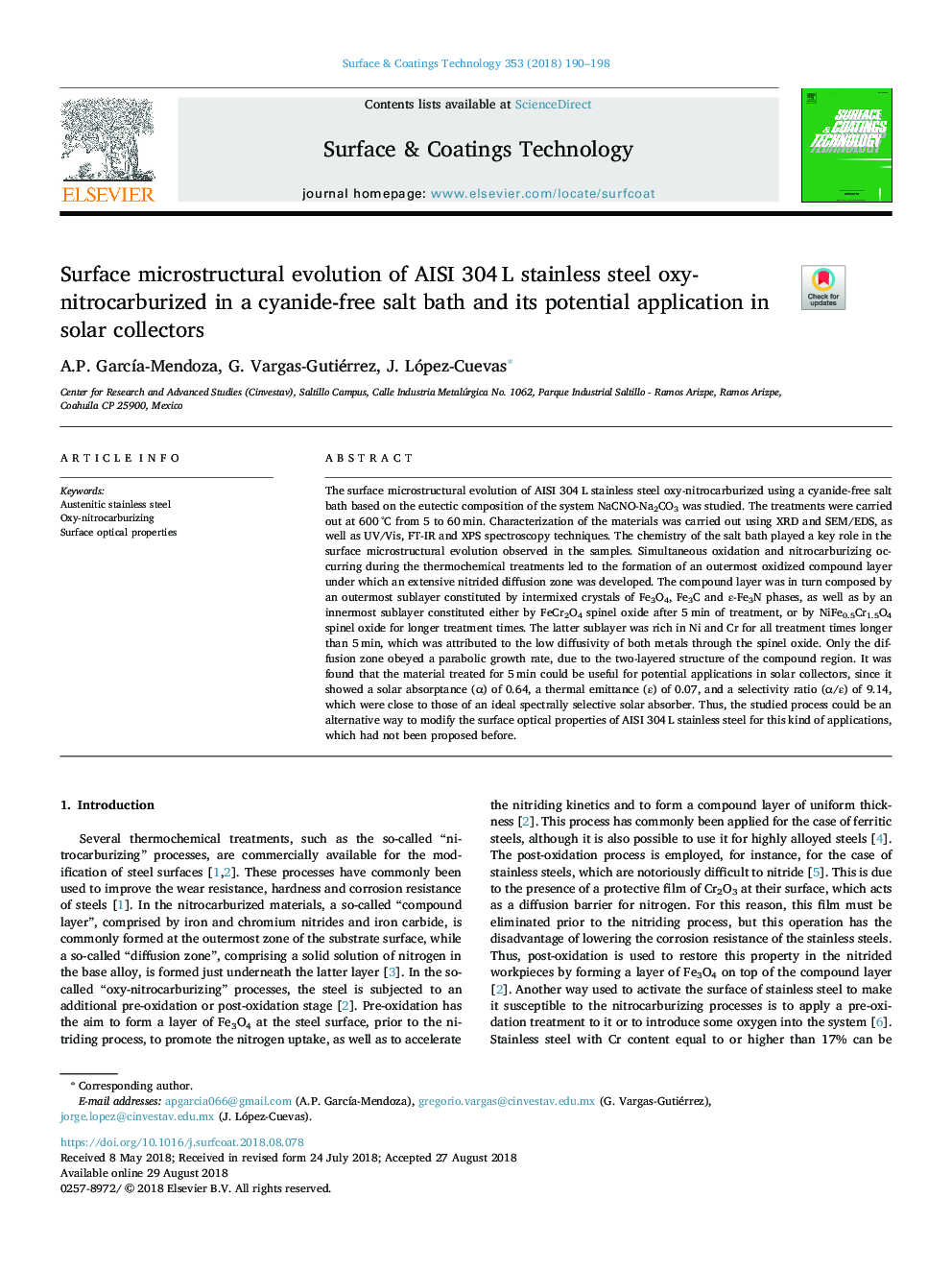 Surface microstructural evolution of AISI 304â¯L stainless steel oxy-nitrocarburized in a cyanide-free salt bath and its potential application in solar collectors