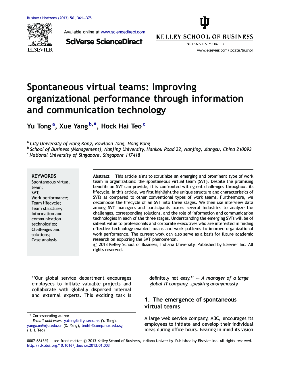 Spontaneous virtual teams: Improving organizational performance through information and communication technology