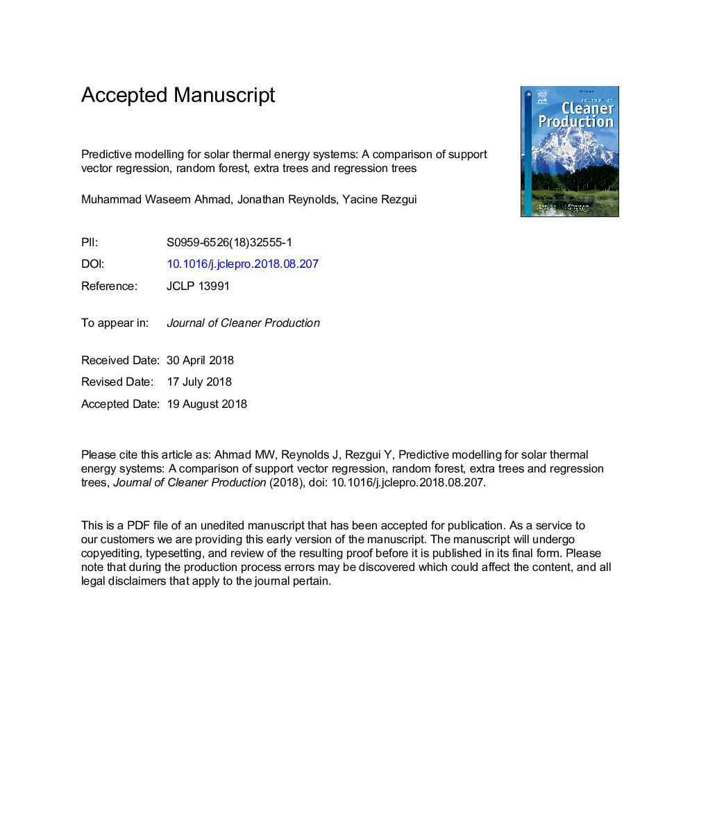 Predictive modelling for solar thermal energy systems: A comparison of support vector regression, random forest, extra trees and regression trees