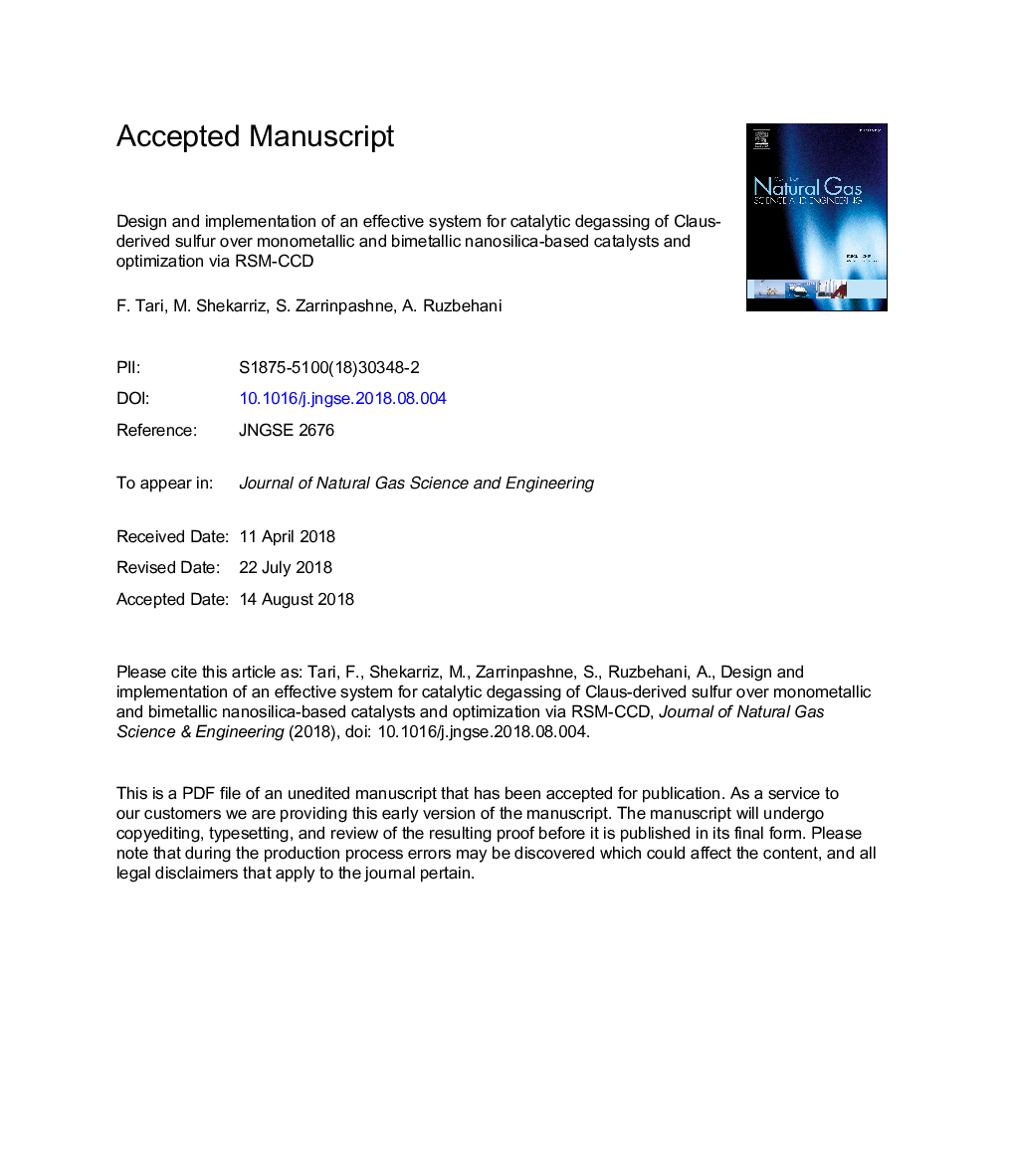 Design and implementation of an effective system for catalytic degassing of claus-derived molten sulfur over monometallic and bimetallic nanosilica-based catalysts and optimization via RSM-CCD