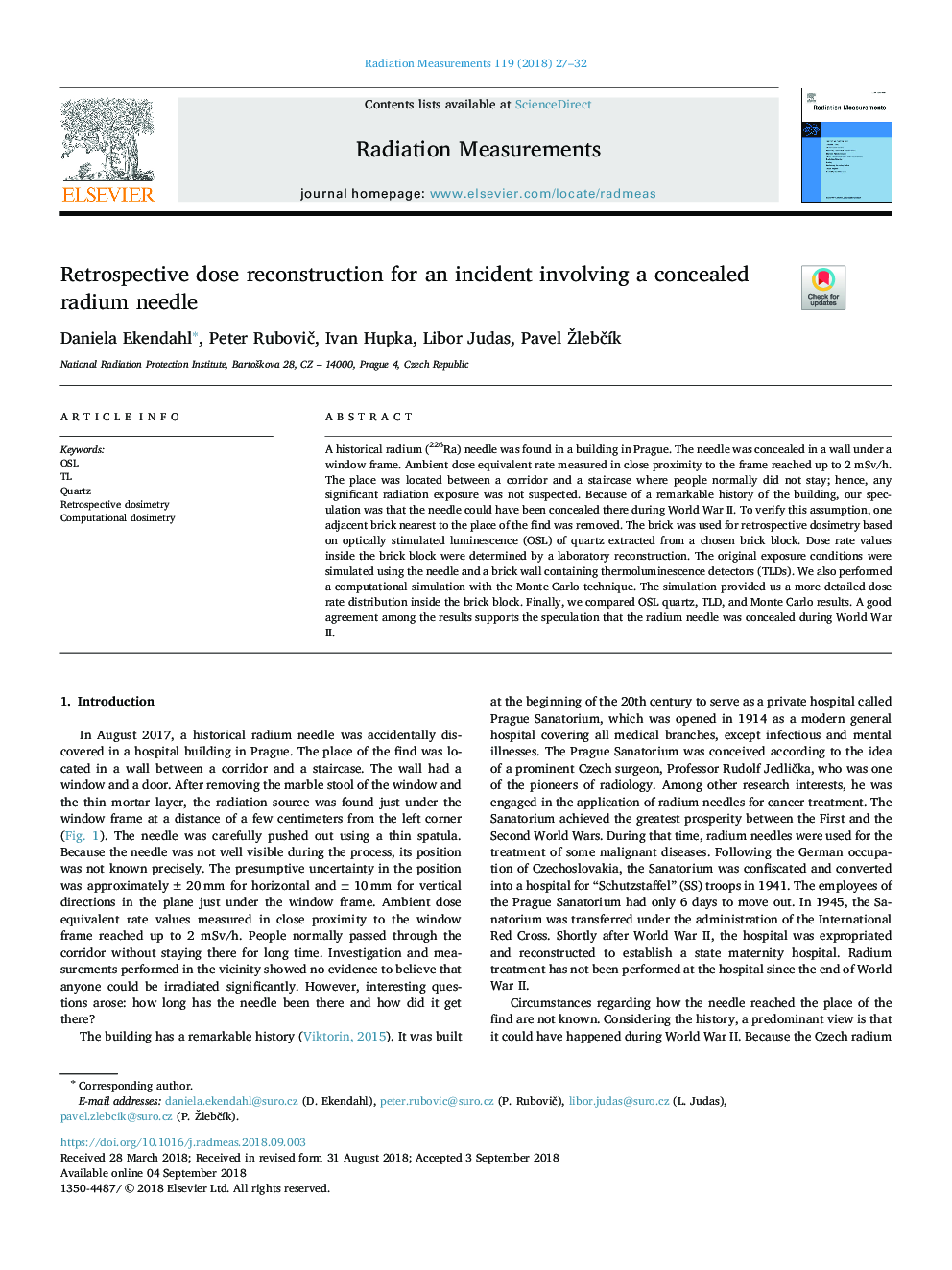 Retrospective dose reconstruction for an incident involving a concealed radium needle