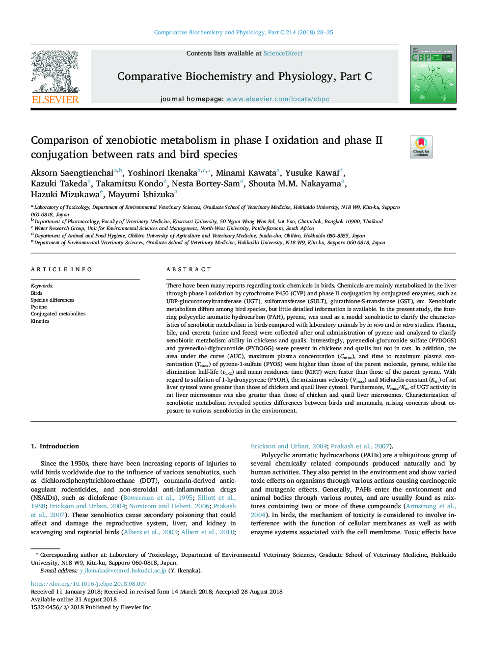 Comparison of xenobiotic metabolism in phase I oxidation and phase II conjugation between rats and bird species