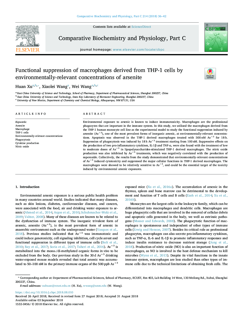 Functional suppression of macrophages derived from THP-1 cells by environmentally-relevant concentrations of arsenite