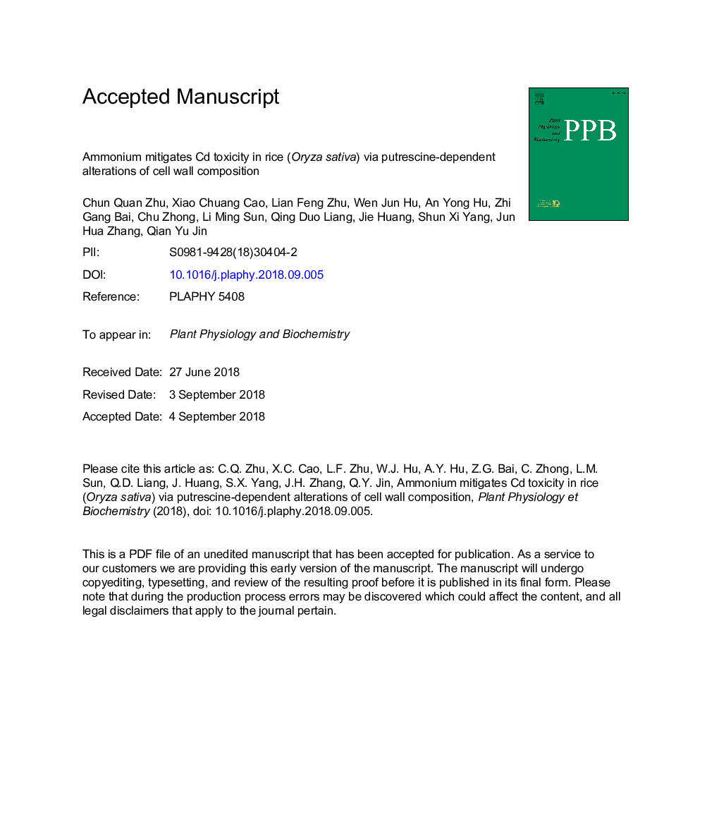 Ammonium mitigates Cd toxicity in rice (Oryza sativa) via putrescine-dependent alterations of cell wall composition