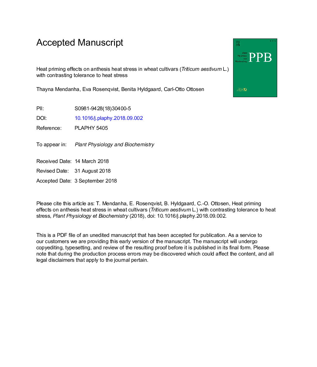 Heat priming effects on anthesis heat stress in wheat cultivars (Triticum aestivum L.) with contrasting tolerance to heat stress