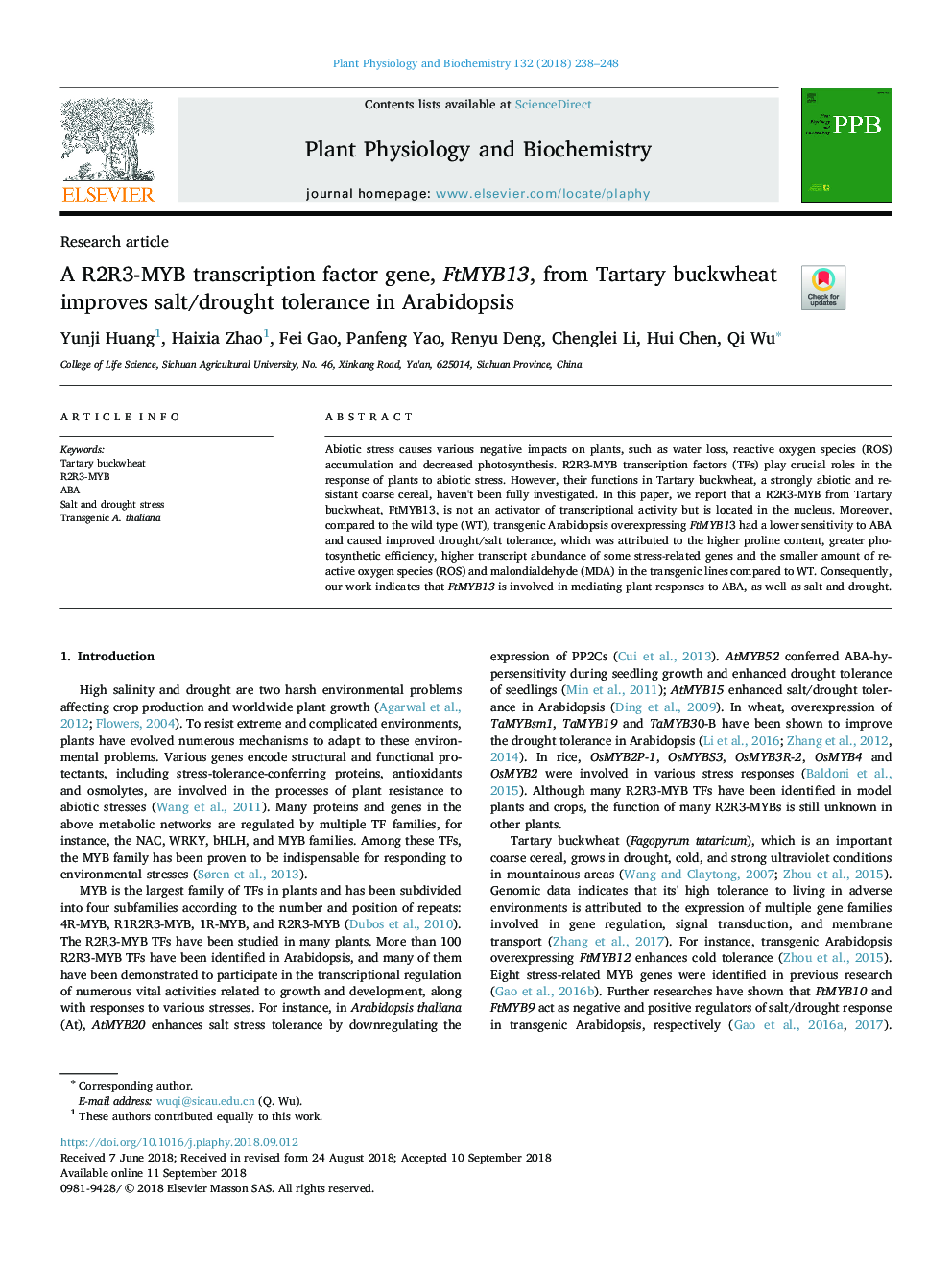 A R2R3-MYB transcription factor gene, FtMYB13, from Tartary buckwheat improves salt/drought tolerance in Arabidopsis