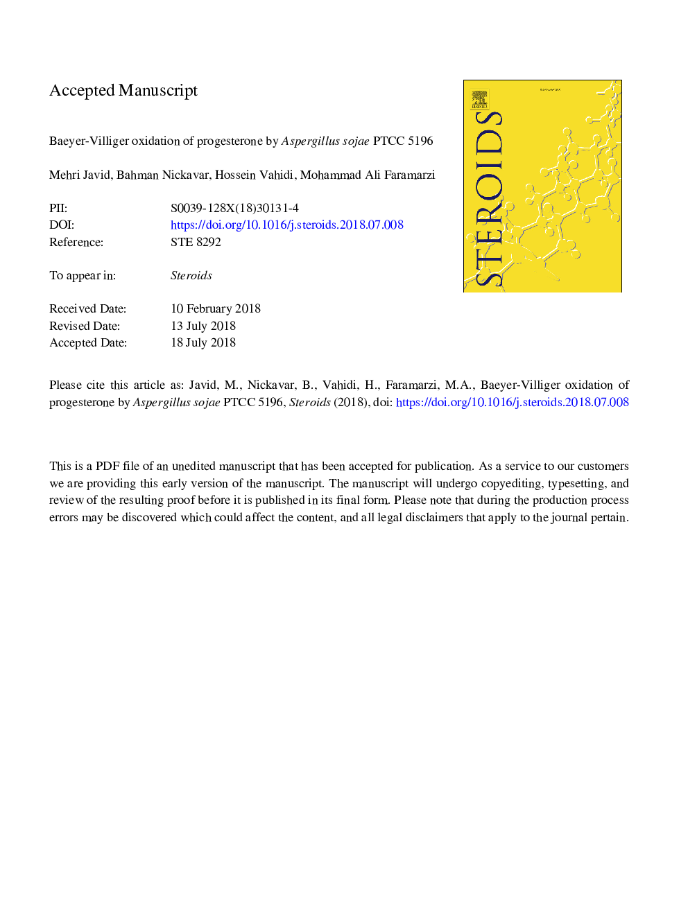 Baeyer-Villiger oxidation of progesterone by Aspergillus sojae PTCC 5196