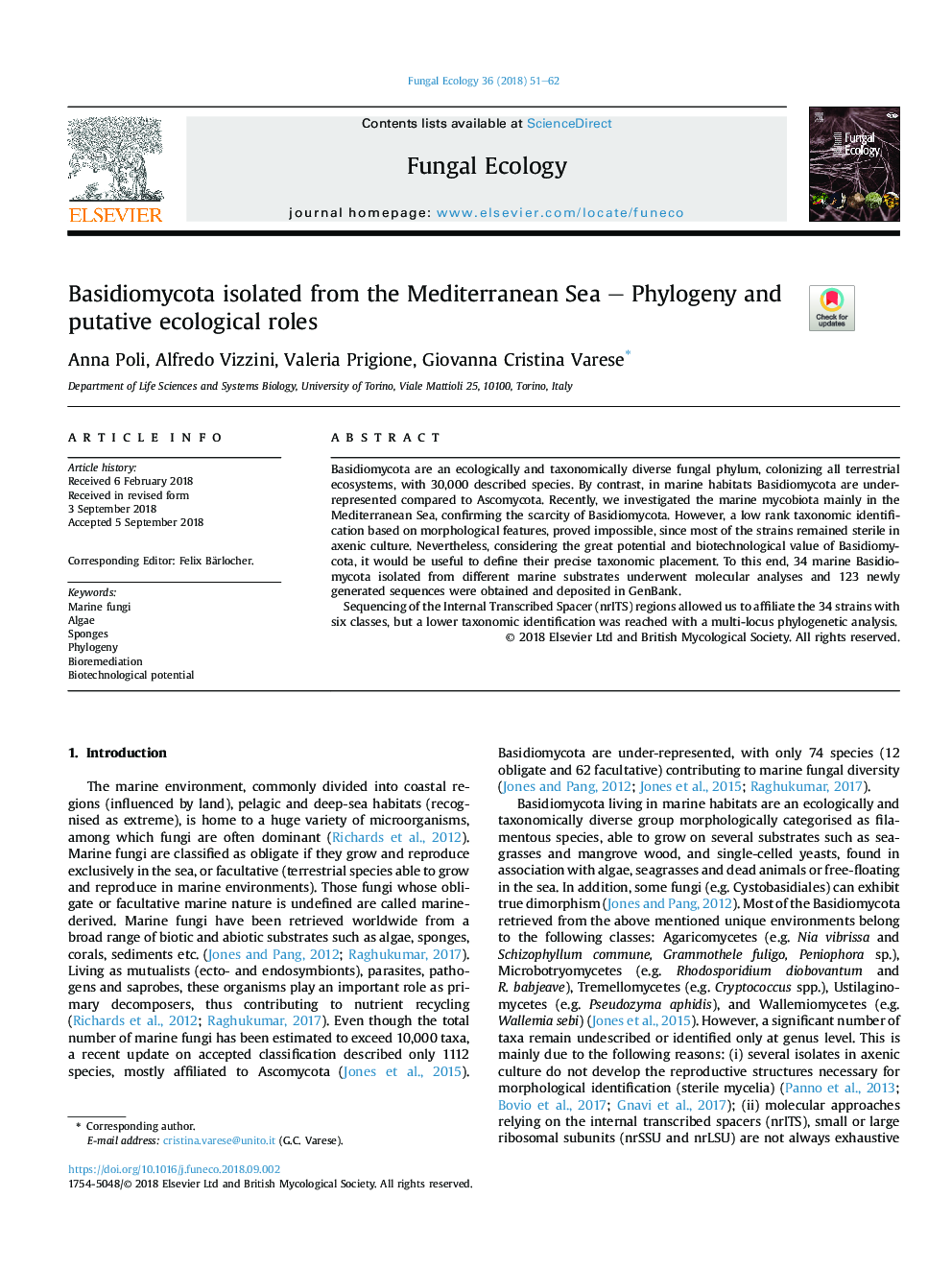 Basidiomycota isolated from the Mediterranean Sea - Phylogeny and putative ecological roles