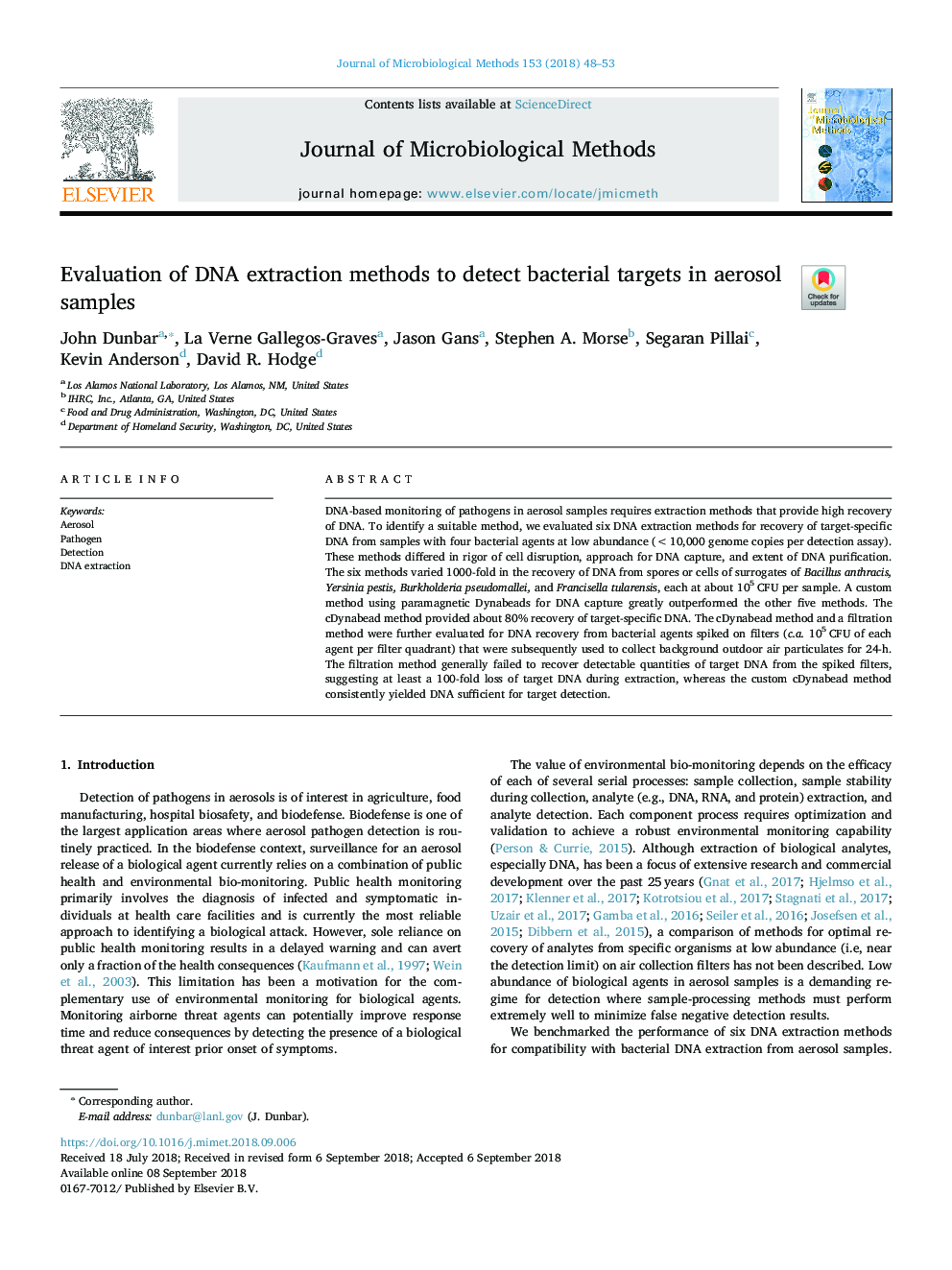 Evaluation of DNA extraction methods to detect bacterial targets in aerosol samples