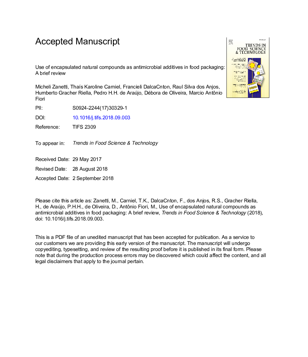 Use of encapsulated natural compounds as antimicrobial additives in food packaging: A brief review