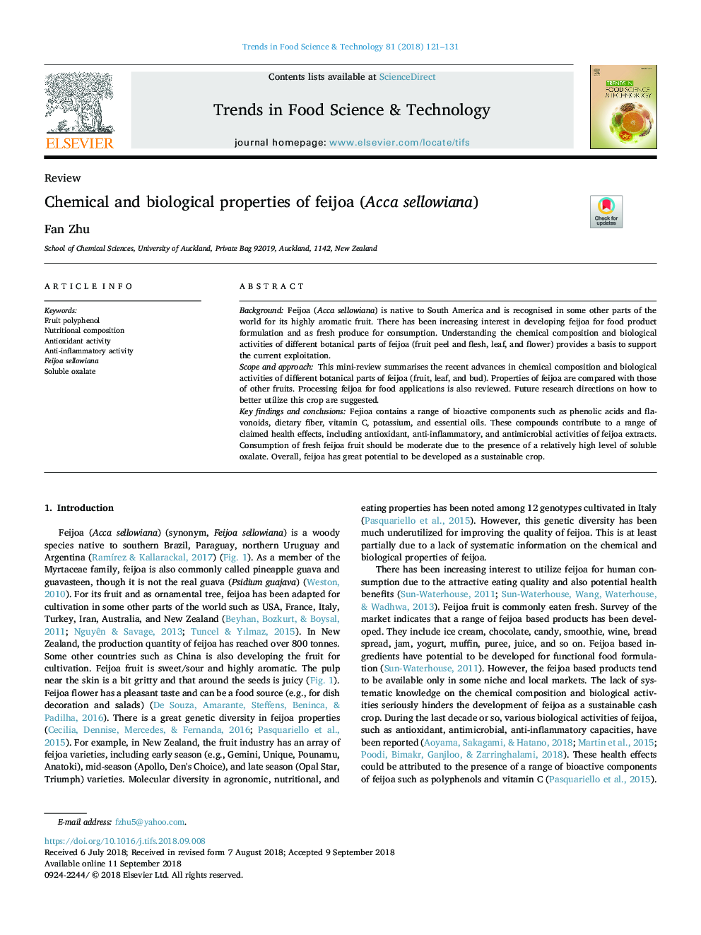 Chemical and biological properties of feijoa (Acca sellowiana)