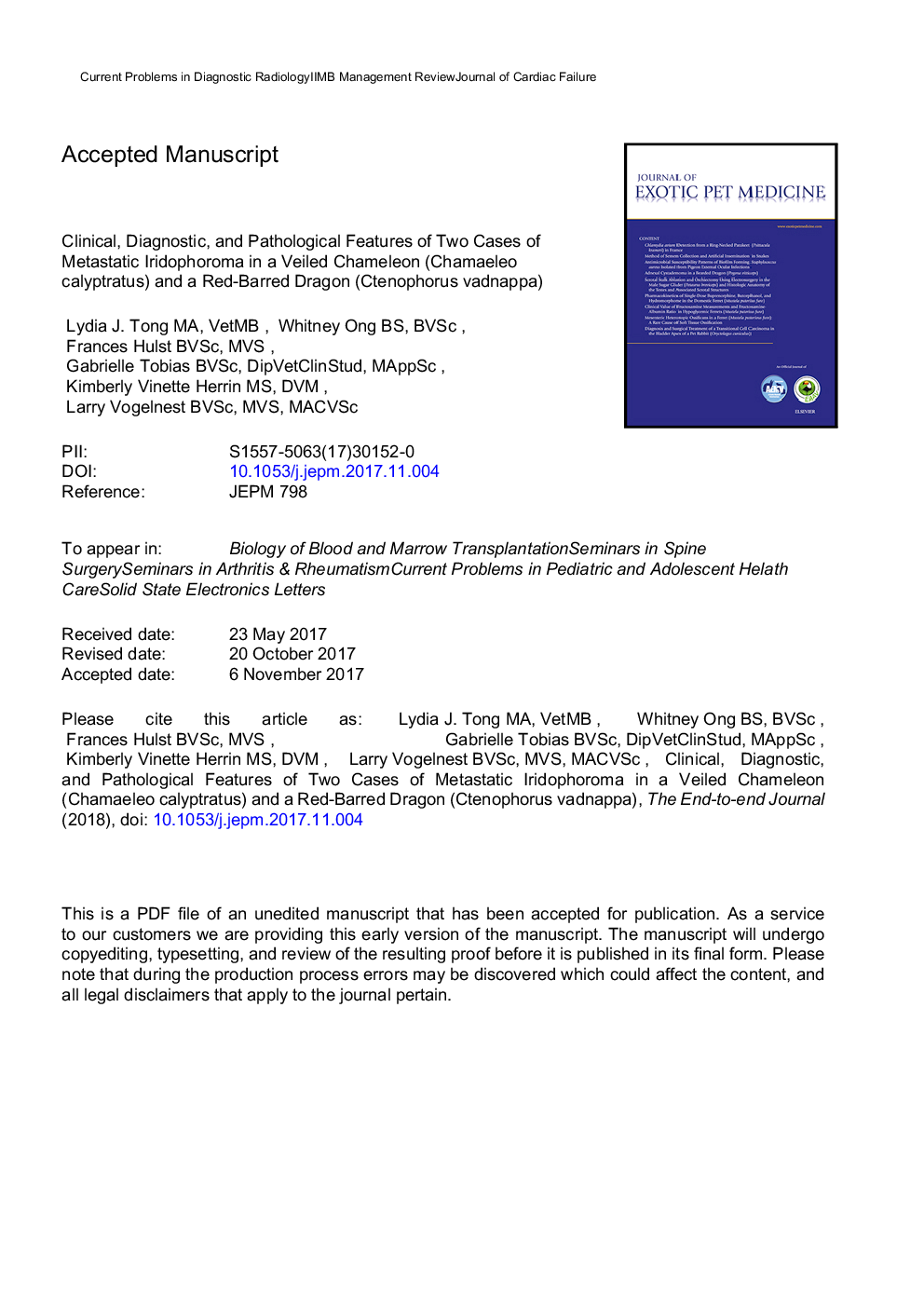 CLINICAL, DIAGNOSTIC, AND PATHOLOGICAL FEATURES OF 2 CASES OF METASTATIC IRIDOPHOROMA IN A VEILED CHAMELEON (CHAMAELEO CALYPTRATUS) AND A RED-BARRED DRAGON (CTENOPHORUS VADNAPPA)