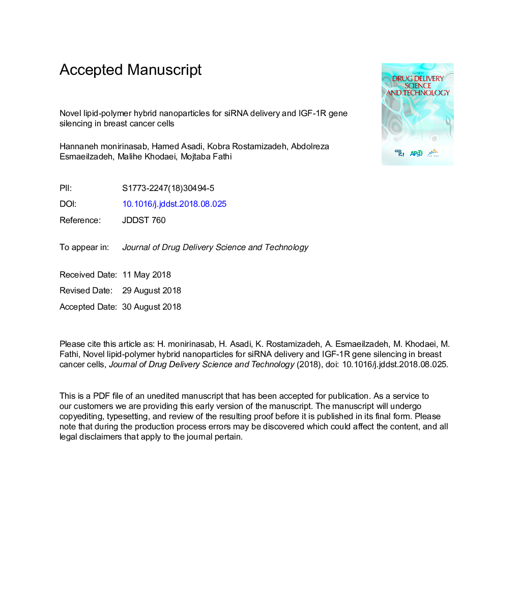 Novel lipid-polymer hybrid nanoparticles for siRNA delivery and IGF-1R gene silencing in breast cancer cells