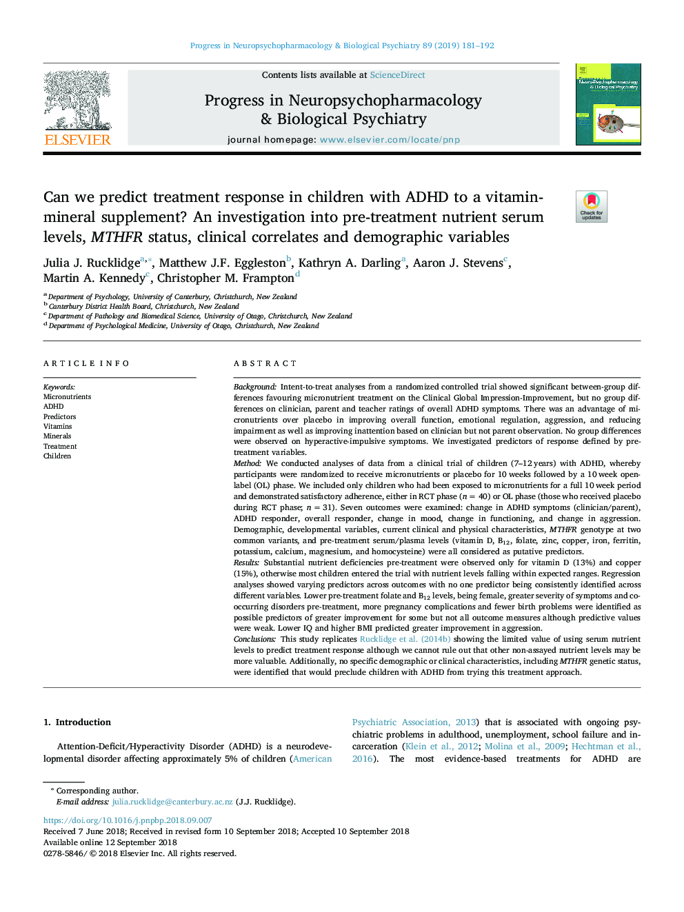 Can we predict treatment response in children with ADHD to a vitamin-mineral supplement? An investigation into pre-treatment nutrient serum levels, MTHFR status, clinical correlates and demographic variables