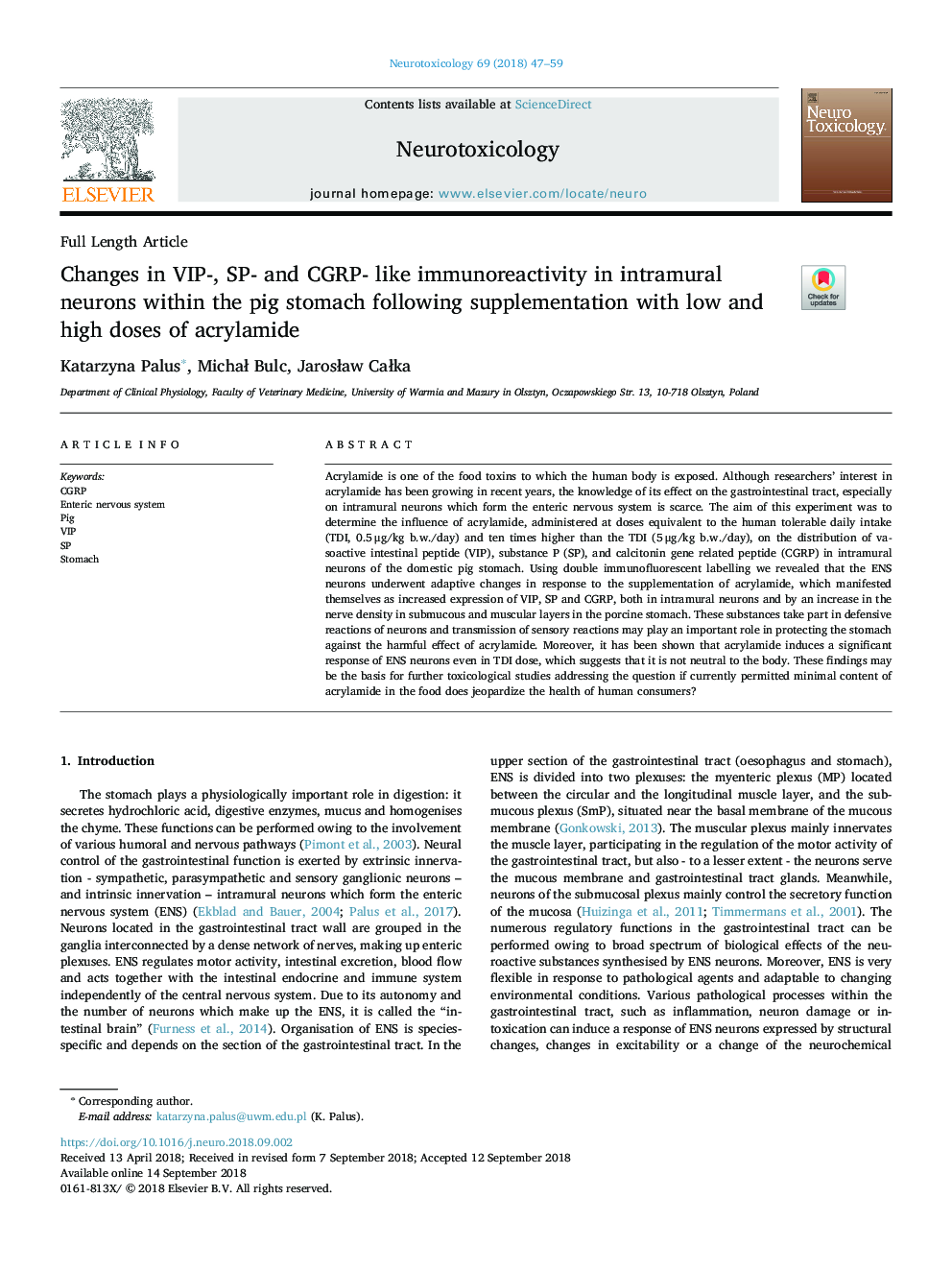 Changes in VIP-, SP- and CGRP- like immunoreactivity in intramural neurons within the pig stomach following supplementation with low and high doses of acrylamide