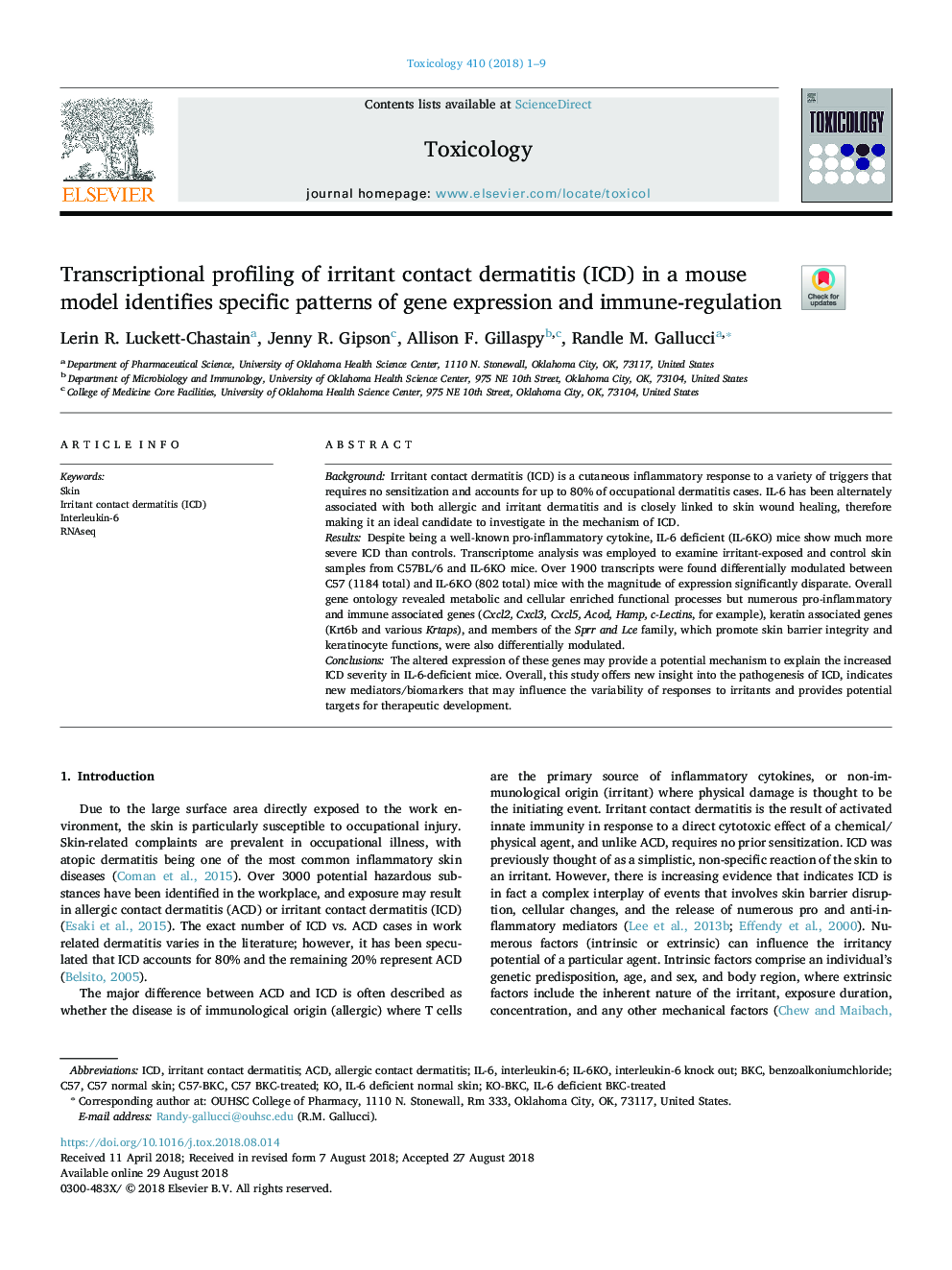 Transcriptional profiling of irritant contact dermatitis (ICD) in a mouse model identifies specific patterns of gene expression and immune-regulation