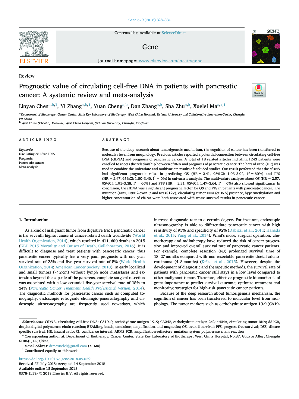 Prognostic value of circulating cell-free DNA in patients with pancreatic cancer: A systemic review and meta-analysis