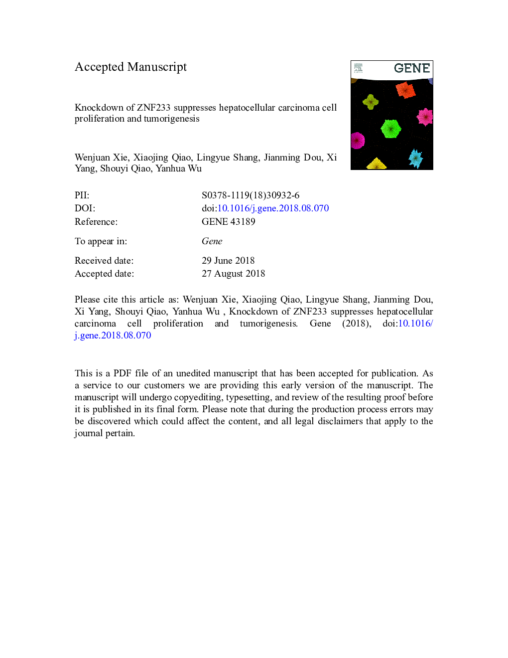 Knockdown of ZNF233 suppresses hepatocellular carcinoma cell proliferation and tumorigenesis