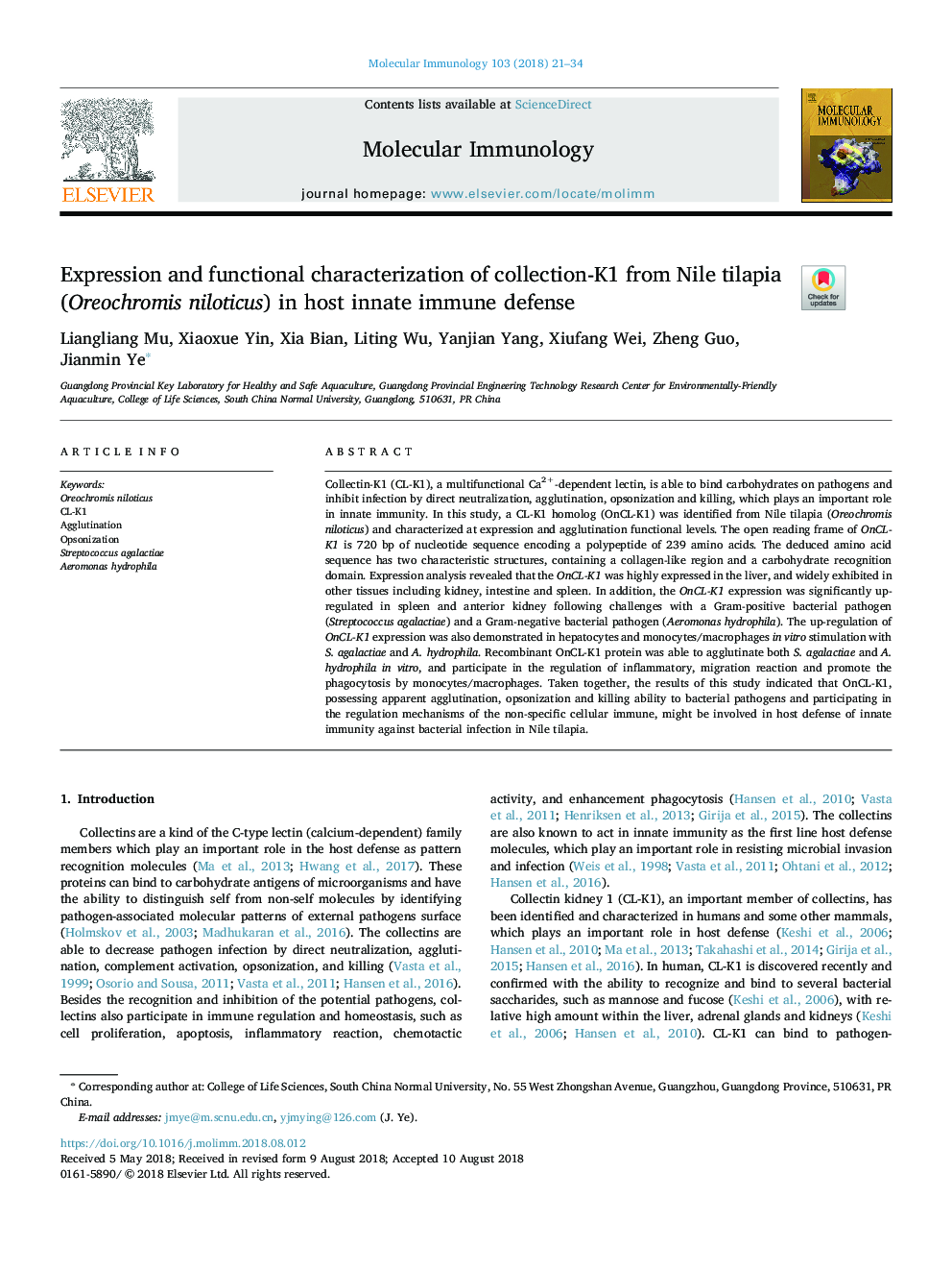 Expression and functional characterization of collection-K1 from Nile tilapia (Oreochromis niloticus) in host innate immune defense