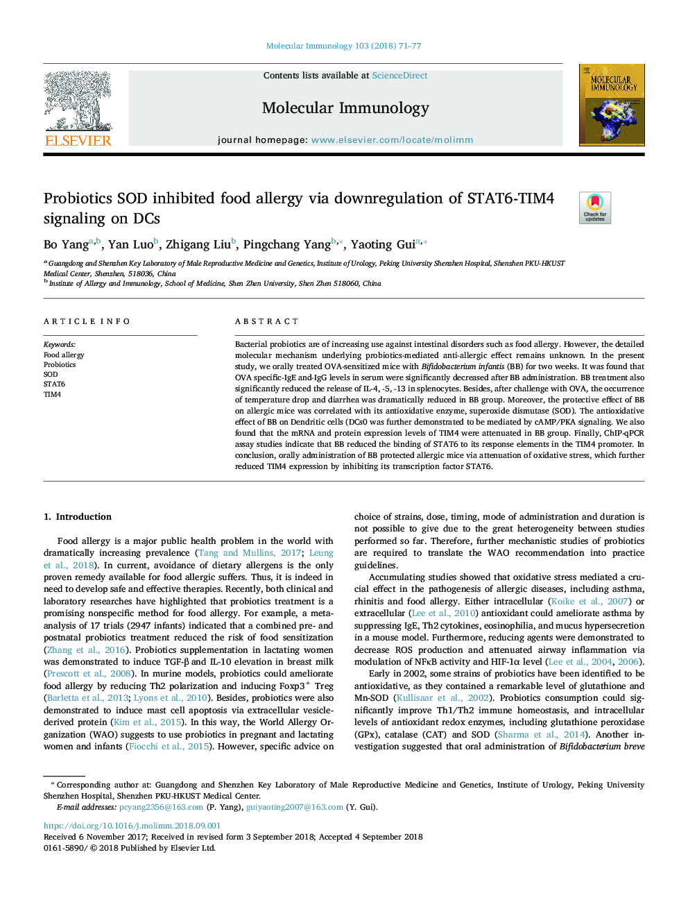Probiotics SOD inhibited food allergy via downregulation of STAT6-TIM4 signaling on DCs
