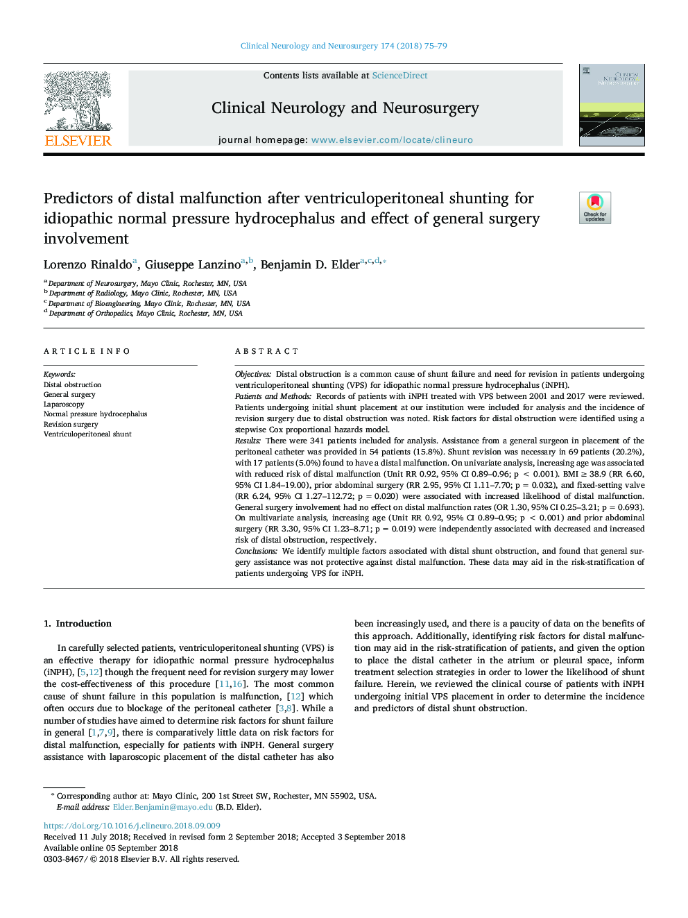 Predictors of distal malfunction after ventriculoperitoneal shunting for idiopathic normal pressure hydrocephalus and effect of general surgery involvement