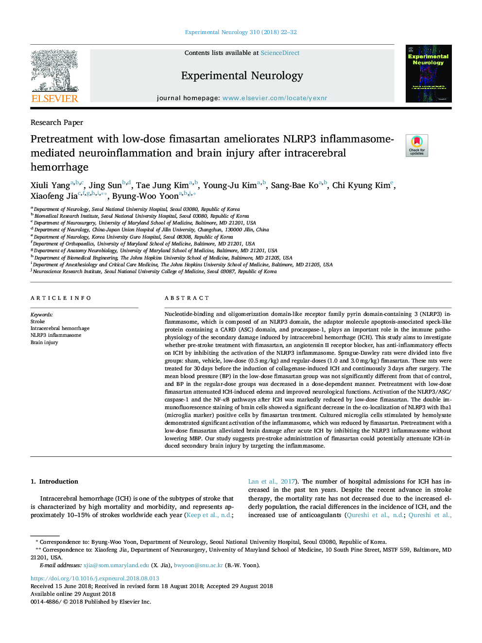 Pretreatment with low-dose fimasartan ameliorates NLRP3 inflammasome-mediated neuroinflammation and brain injury after intracerebral hemorrhage