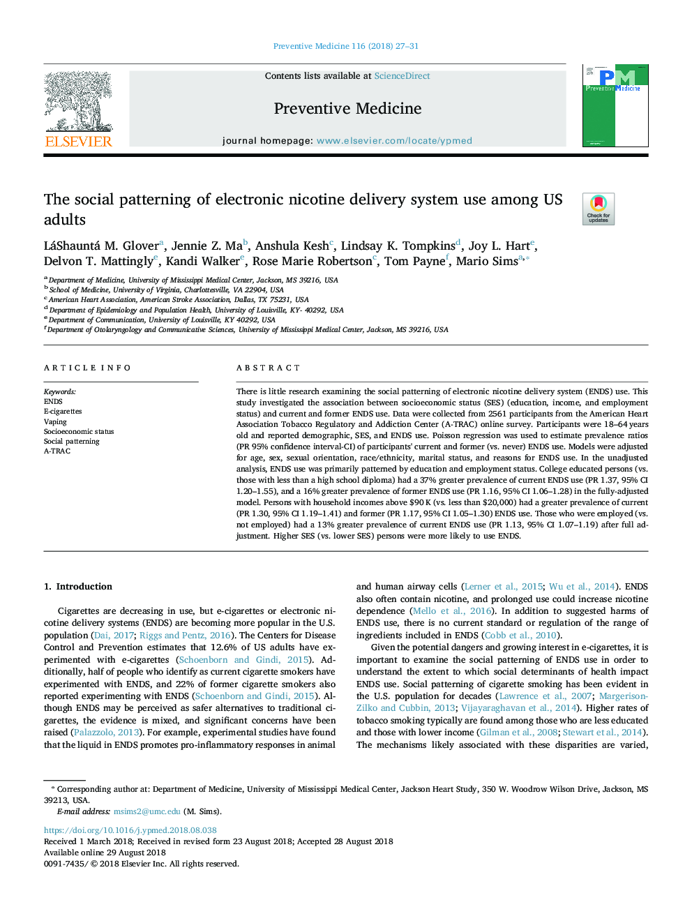 The social patterning of electronic nicotine delivery system use among US adults