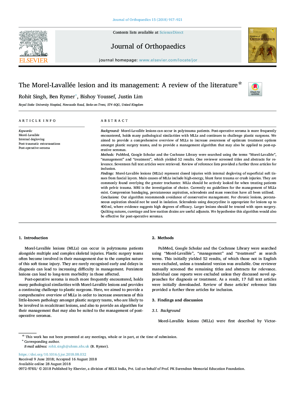 The Morel-Lavallée lesion and its management: A review of the literature