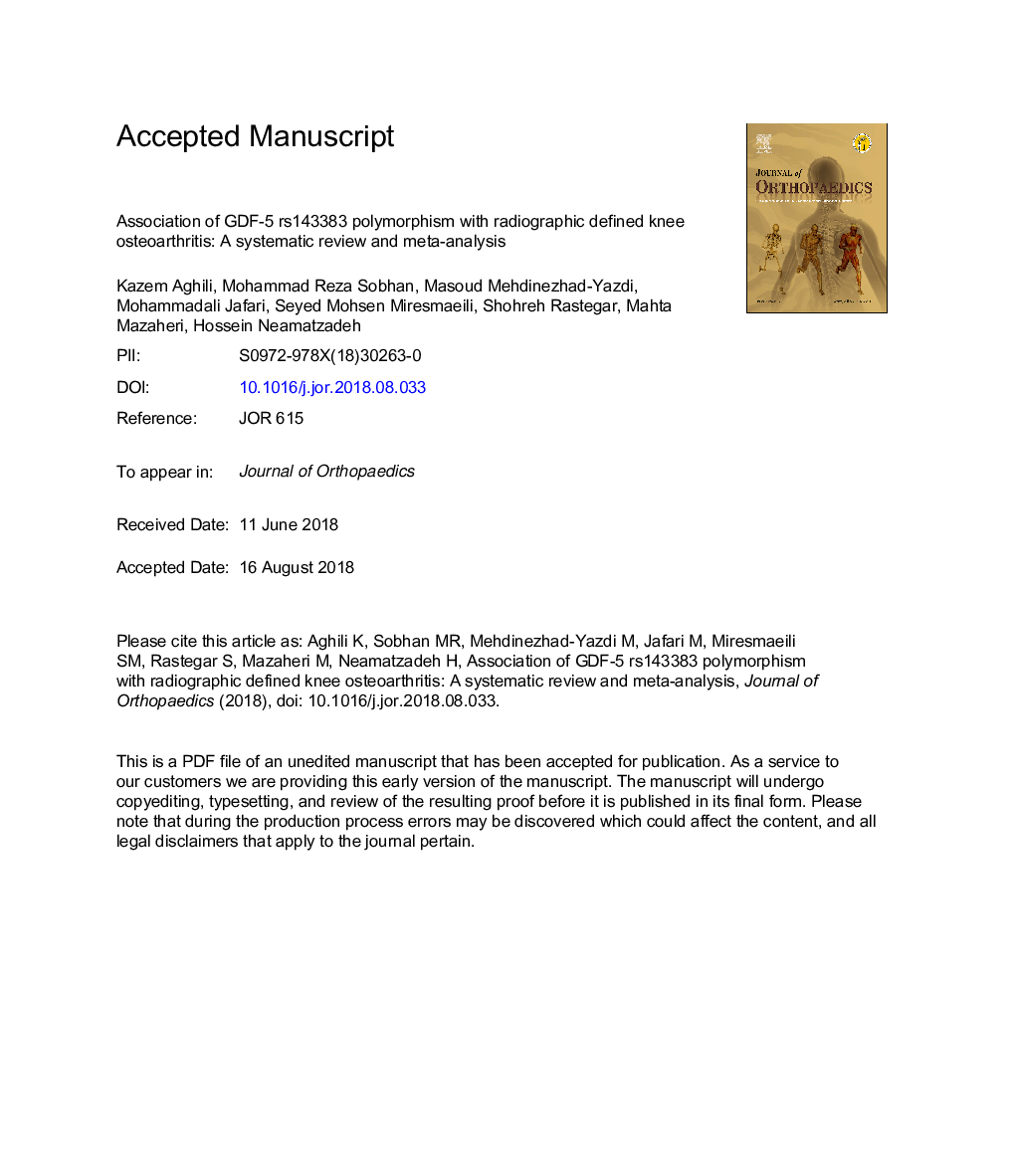 Association of GDF-5 rs143383 polymorphism with radiographic defined knee osteoarthritis: A systematic review and meta-analysis