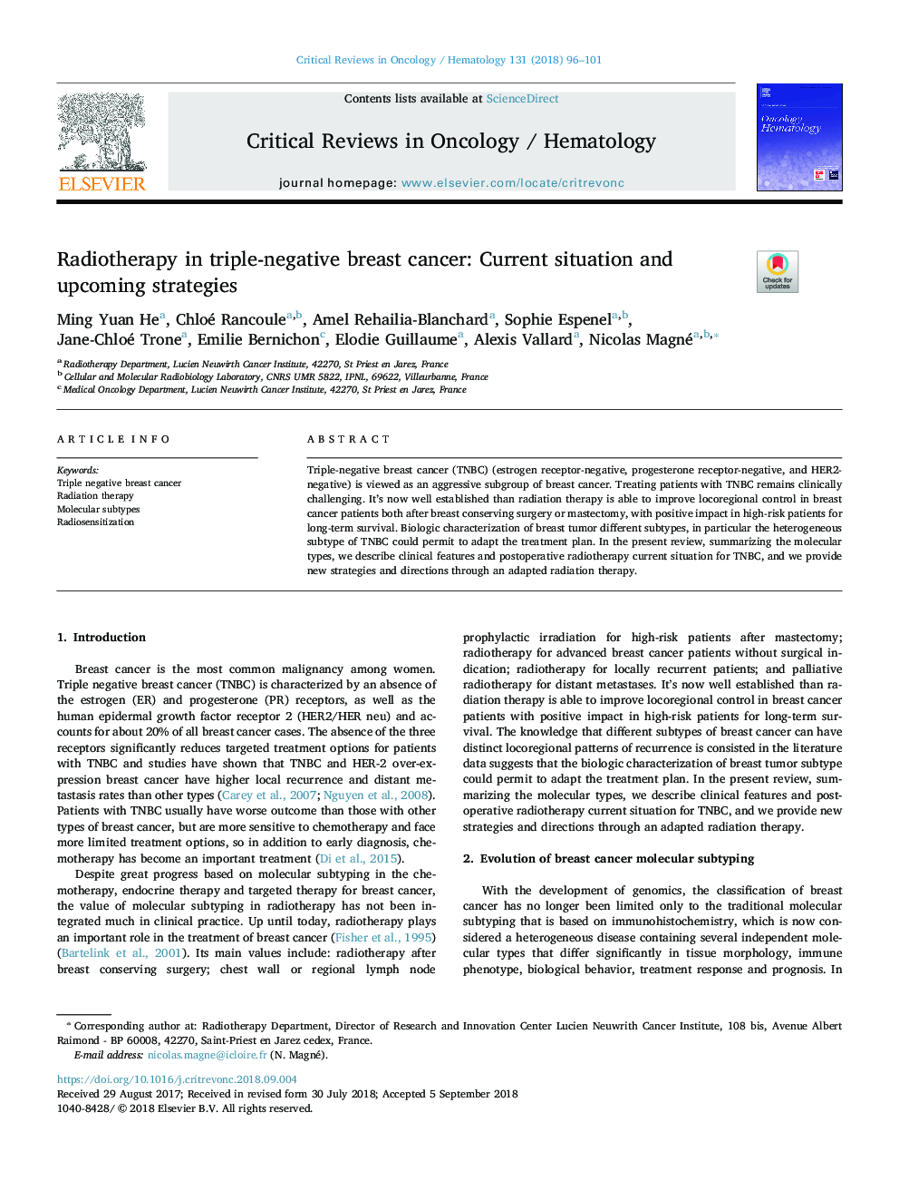 Radiotherapy in triple-negative breast cancer: Current situation and upcoming strategies