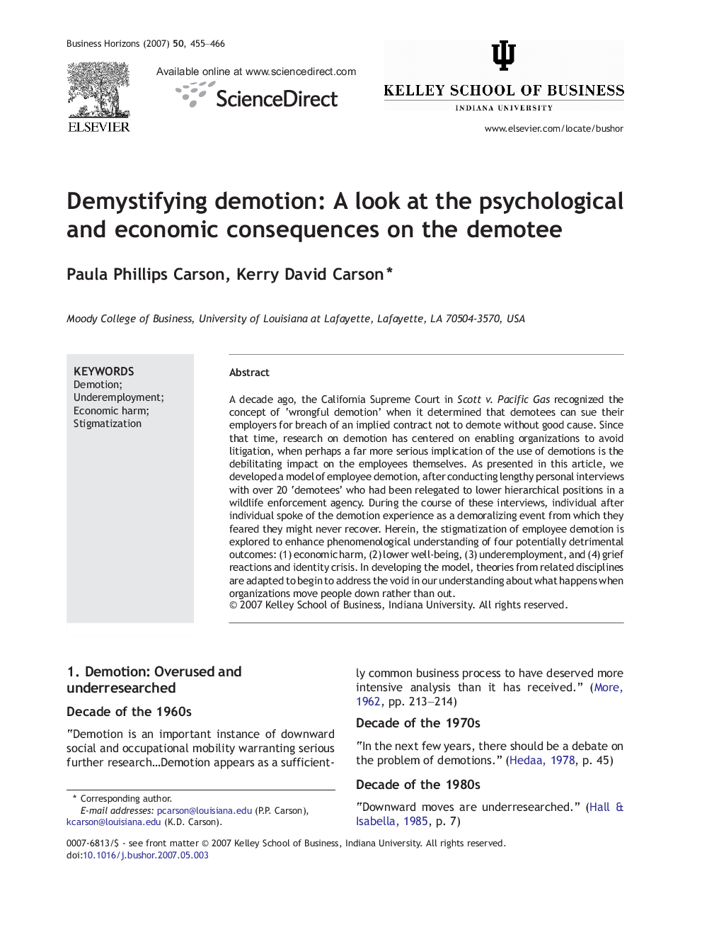 Demystifying demotion: A look at the psychological and economic consequences on the demotee