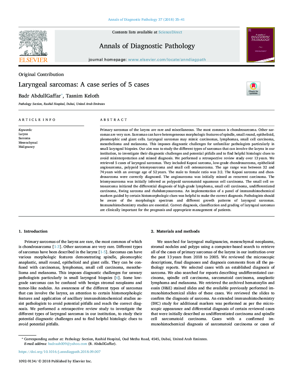 Laryngeal sarcomas: A case series of 5 cases