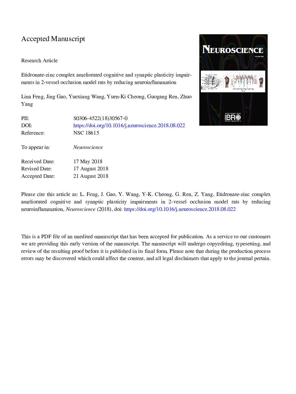 Etidronate-zinc Complex Ameliorated Cognitive and Synaptic Plasticity Impairments in 2-Vessel Occlusion Model Rats by Reducing Neuroinflammation