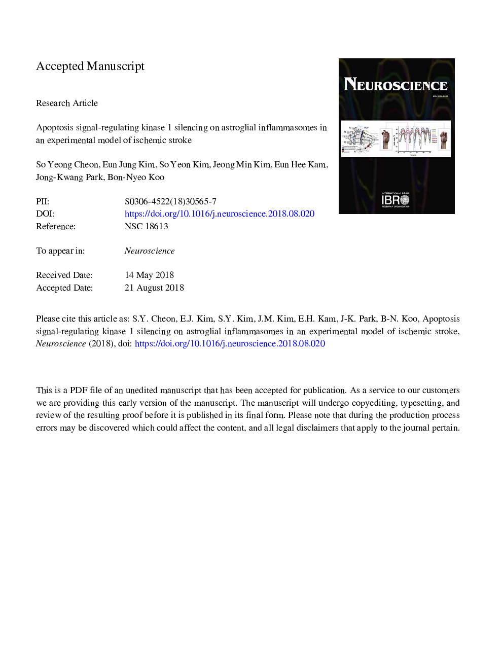 Apoptosis Signal-regulating Kinase 1 Silencing on Astroglial Inflammasomes in an Experimental Model of Ischemic Stroke