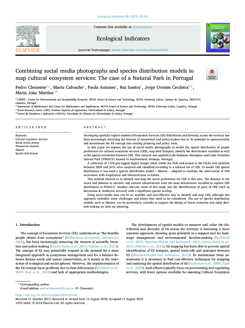 Combining social media photographs and species distribution models to map cultural ecosystem services: The case of a Natural Park in Portugal
