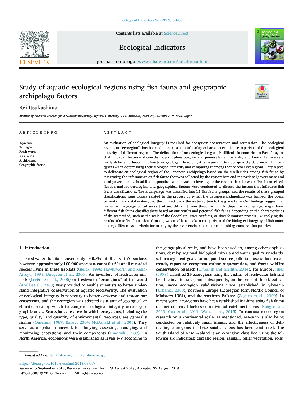 Study of aquatic ecological regions using fish fauna and geographic archipelago factors